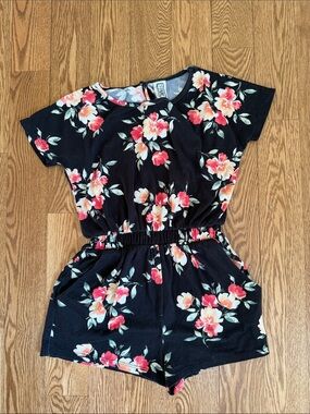 Erge Black Floral Girls Romper with Pink & Coral Flowers